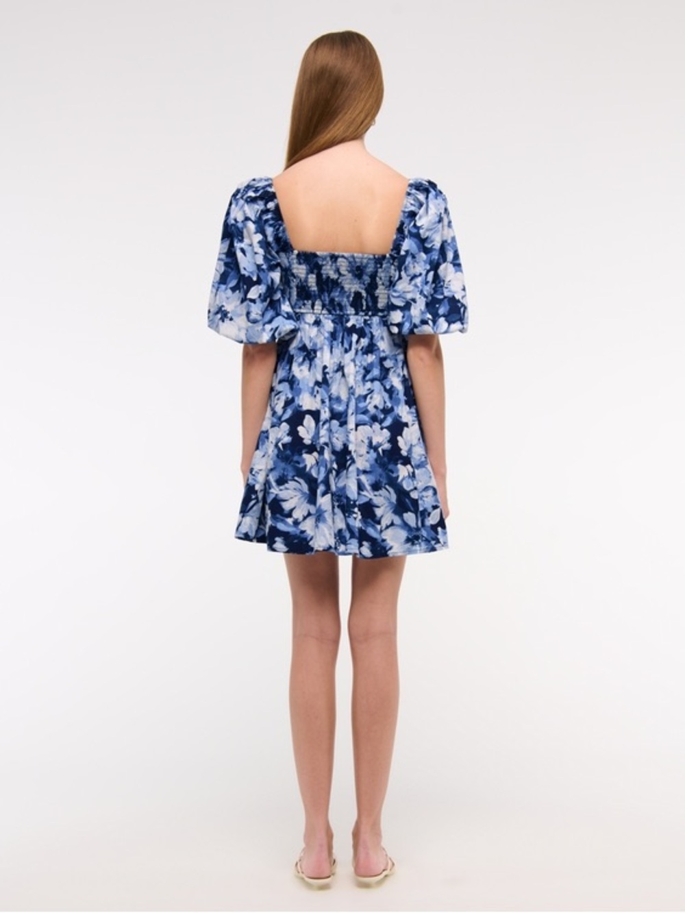 Abercrombie & Fitch Blue Linen Blend Floral Puff-Sleeve Emerson Dress Sz. L - Picture 2 of 14